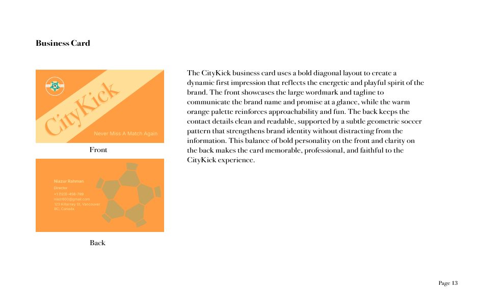 CityKick business card, front and back