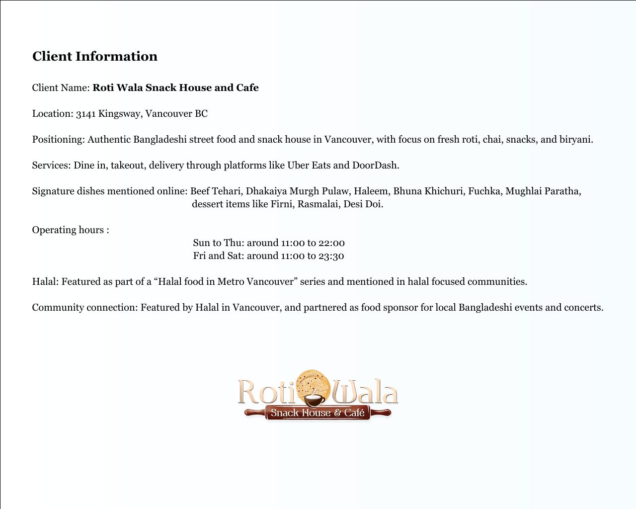 Roti Wala client information and positioning summary